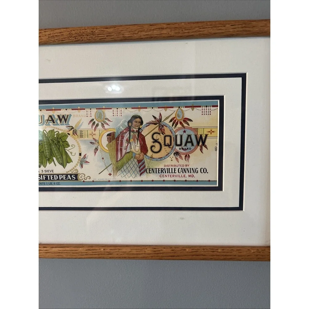 1915 Framed 11x17 Squaw Brand Choice Sifted Peas Label Hand- Rubbed Oak Frame